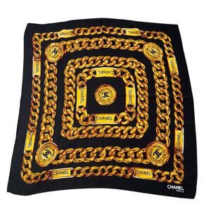 Vintage Chanel Scarf 31 Rue Cambon Paris Black Gold Chain Link